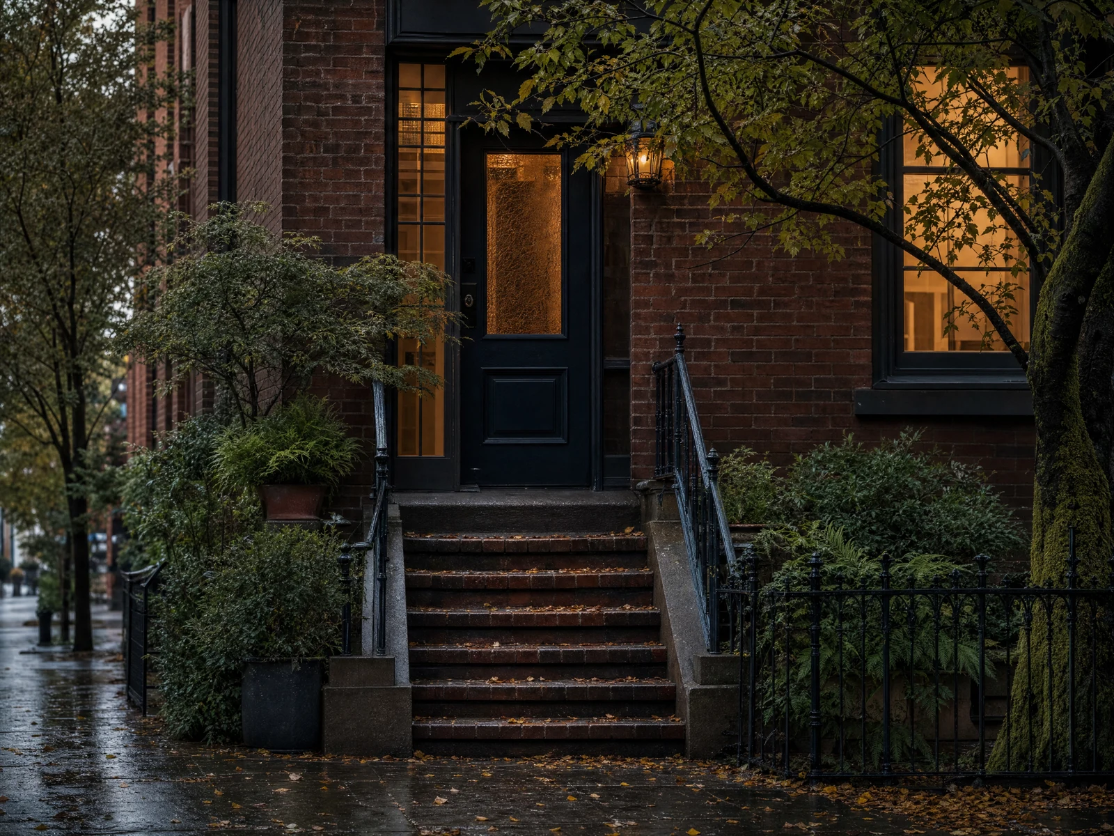 A quiet Seattle-style brick home entrance among trees, an illustrative local scene